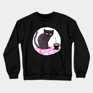 Cute Watercolor Coffee Cup and Black Cat Crewneck Sweatshirt